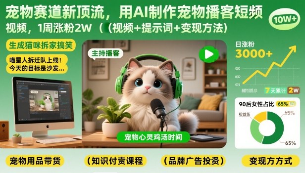 宠物赛道新顶流，用AI制作宠物播客短视频，1周涨粉2W(视频+提示词+变现方法)-仙女副业网