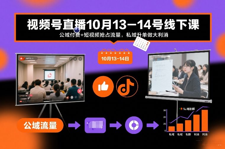 视频号直播10月13-14号线下课，公域付费+短视频抢占流量，私域升单做大利消-仙女副业网