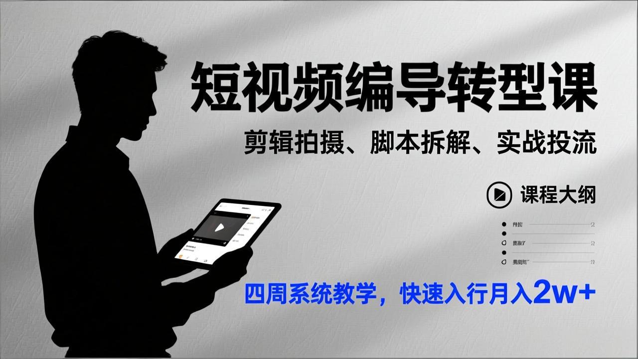 短视频编导转型课，剪辑拍摄、脚本拆解、实战投流，四周系统教学，快速入行月入2w+-仙女副业网
