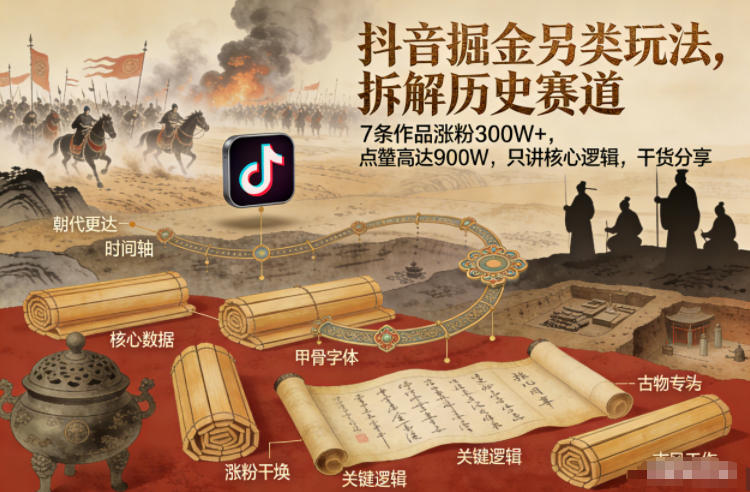 抖音掘金另类玩法，拆解历史赛道，7条作品涨粉300W+，点赞量高达900W，只讲核心逻辑，干货分享-仙女副业网