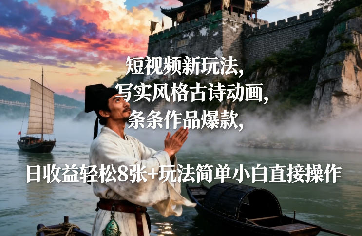 短视频新玩法，写实风格古诗动画，条条作品爆款，日收益轻松8张+玩法简单小白直接操作-仙女副业网