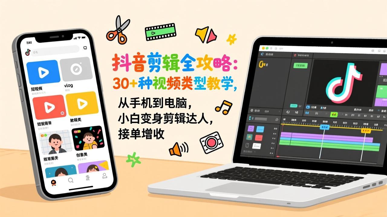 抖音剪辑全攻略：30+种视频类型教学，从手机到电脑，小白变身剪辑达人，接单增收-仙女副业网