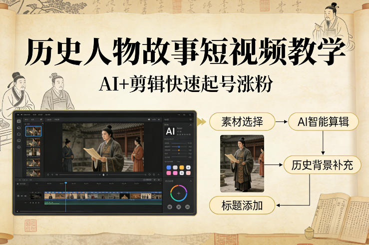 历史人物故事短视频教学，AI+剪辑制作历史人物题材短视频，快速起号涨粉-仙女副业网