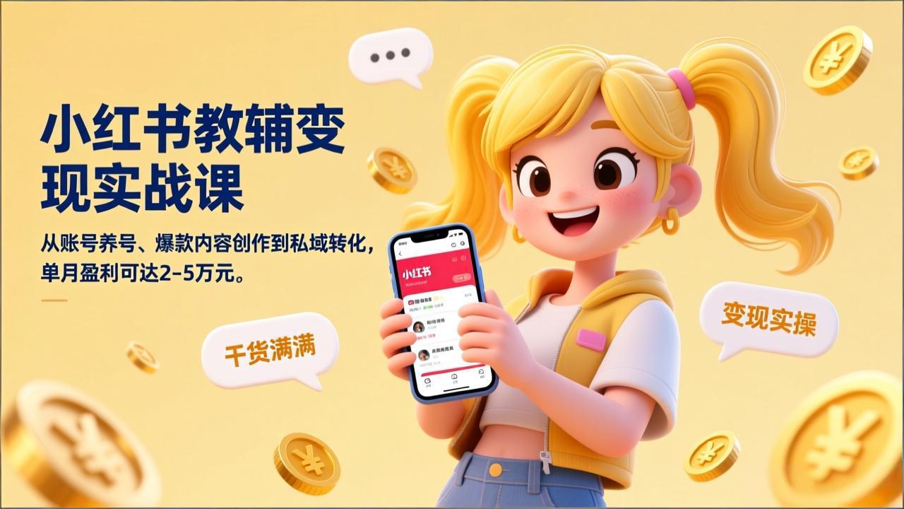 小红书教辅变现实战课，从账号养号、爆款内容创作到私域转化，单月盈利可达2-5万元-仙女副业网