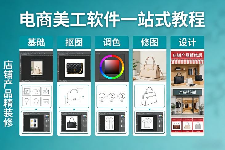 电商美工软件一站式教程，基础/抠图/调色/修图/设计，店铺产品精装修-仙女副业网