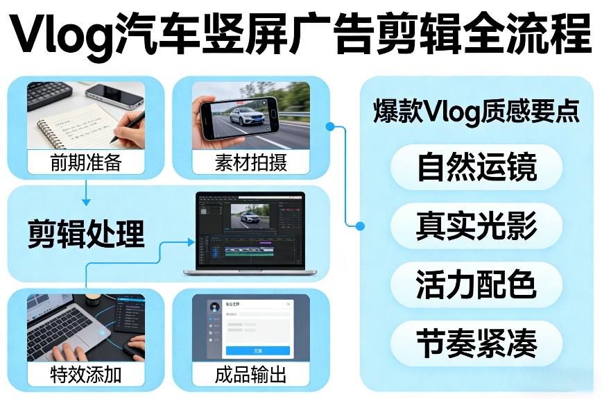 Vlog感觉汽车竖屏广告剪辑脚本全流程，拿捏爆款Vlog质感-仙女副业网