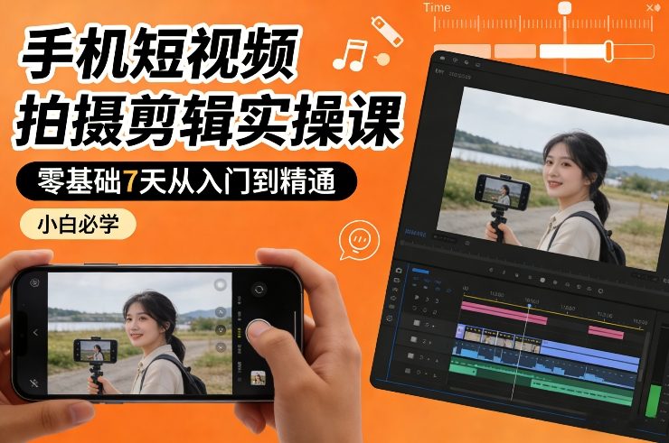 手机短视频拍摄剪辑实操课，零基础7天从入门到精通，小白必学-仙女副业网