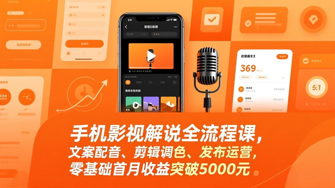 手机影视解说全流程课，文案配音、剪辑调色、发布运营，零基础首月收益突破5000元-仙女副业网