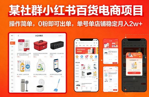 某社群小红书百货电商项目，操作简单，0粉即可出单，单号单店铺稳定月入2w+-仙女副业网