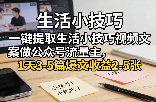 一键提取生活小技巧视频文案做公众号流量主，1天3-5篇爆文收益2-5张-仙女副业网