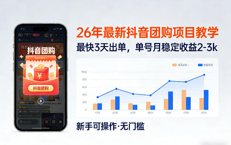 26年最新抖音团购项目教学，0门槛，最快3天出单，单号月稳定收益2-3k(更新3月11日)-仙女副业网