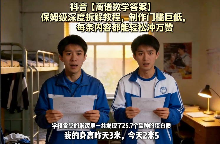 抖音【离谱数学答案】保姆级深度拆解教程,制作门槛巨低,每条内容都能轻松冲万赞,附详细步骤-仙女副业网