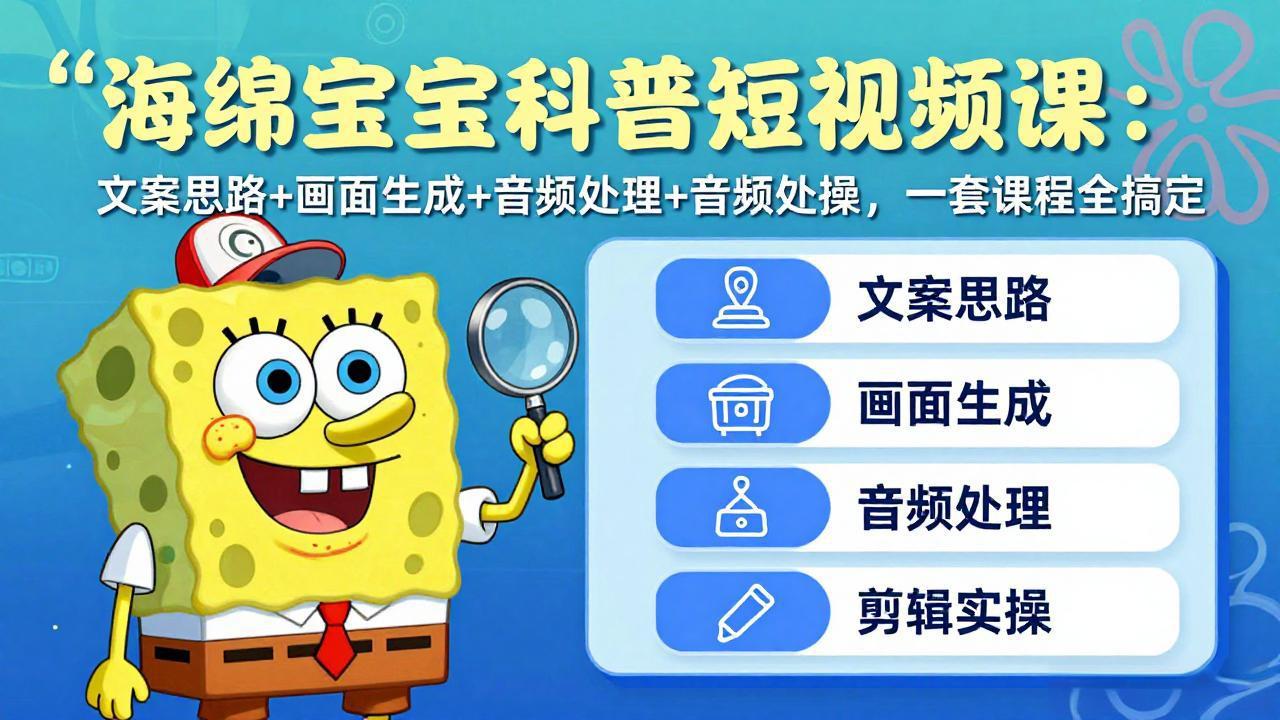 海绵宝宝科普短视频课：文案思路+画面生成+音频处理+剪辑实操，一套课程全搞定-仙女副业网