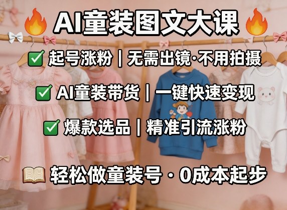 AI童装图文剪辑，某社群童装图文大课，起号涨粉、AI童装带货、爆款选品，无需出镜和拍摄-仙女副业网