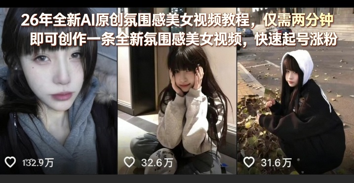 26年全新AI原创氛围感美女视频教程，仅需两分钟即可创作一条全新氛围感美女视频，快速起号涨粉-仙女副业网