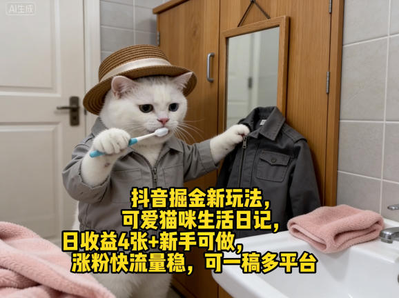 抖音掘金新玩法，可爱猫咪生活日记，日收益4张+新手可做，涨粉快流量稳，可一稿多平台-仙女副业网