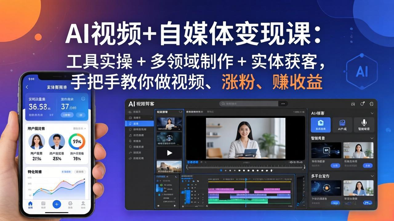 AI视频+自媒体变现课:工具实操 + 多领域制作 + 实体获客,手把手教你做视频、涨粉、赚收益-仙女副业网