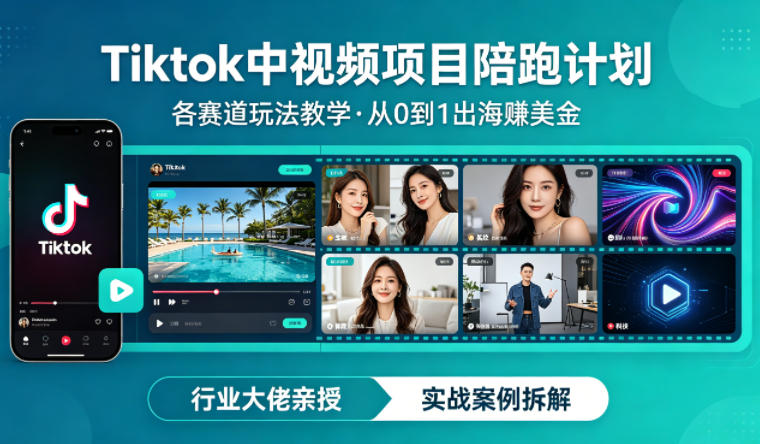 某大佬的Tiktok中视频项目陪跑，涵盖TK各个赛道玩法教学，从0到1出海賺美金-仙女副业网