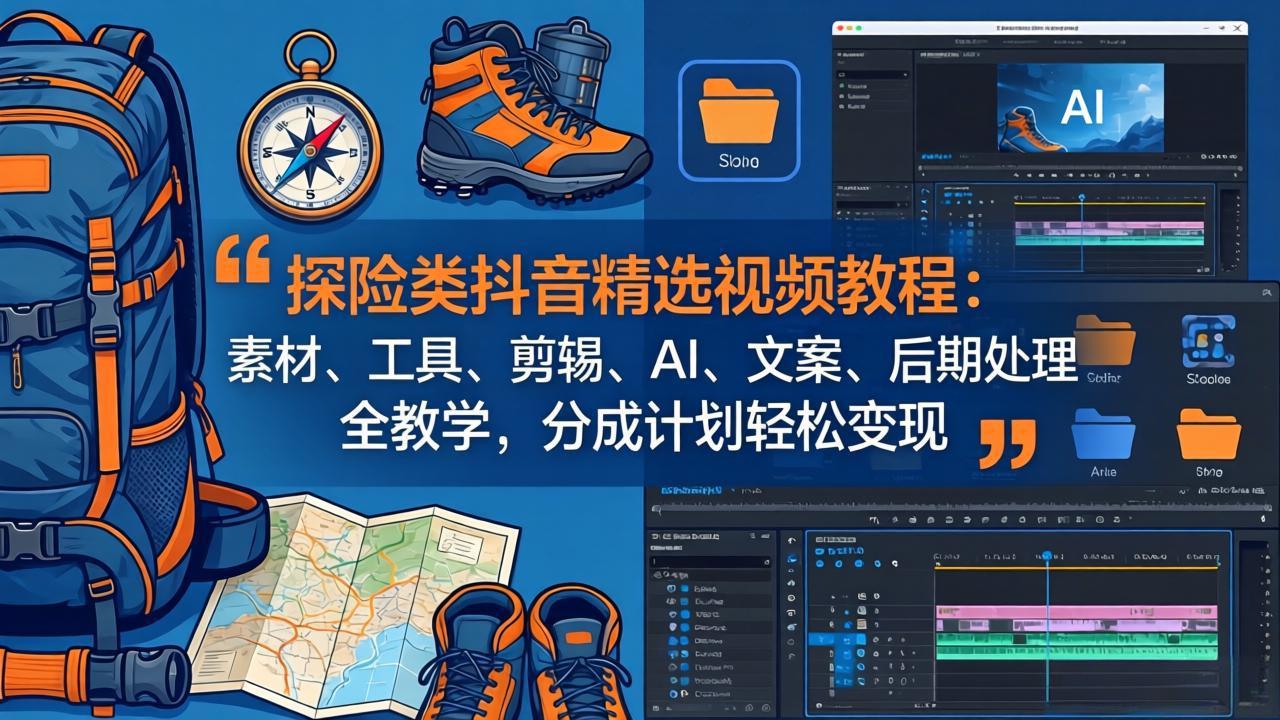 探险类抖音精选视频教程：素材、工具、剪辑、AI、文案、后期处理全教学，分成计划轻松变现-仙女副业网
