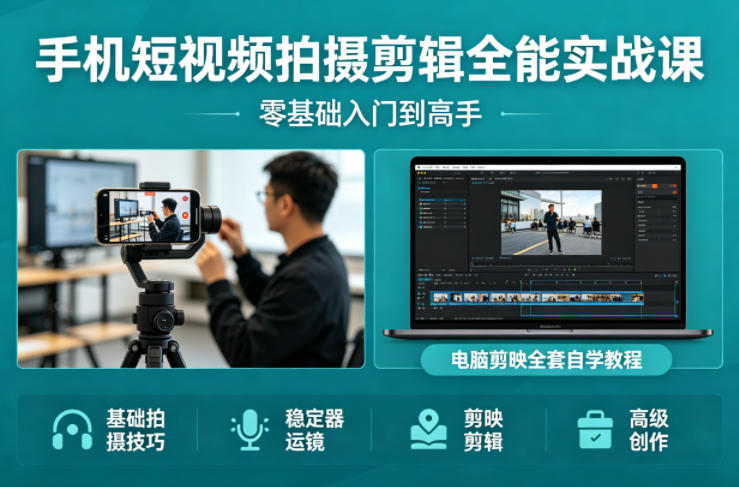 手机短视频拍摄剪辑全能实战课：零基础入门到高手，稳定器运镜+电脑剪映全套自学教程-仙女副业网