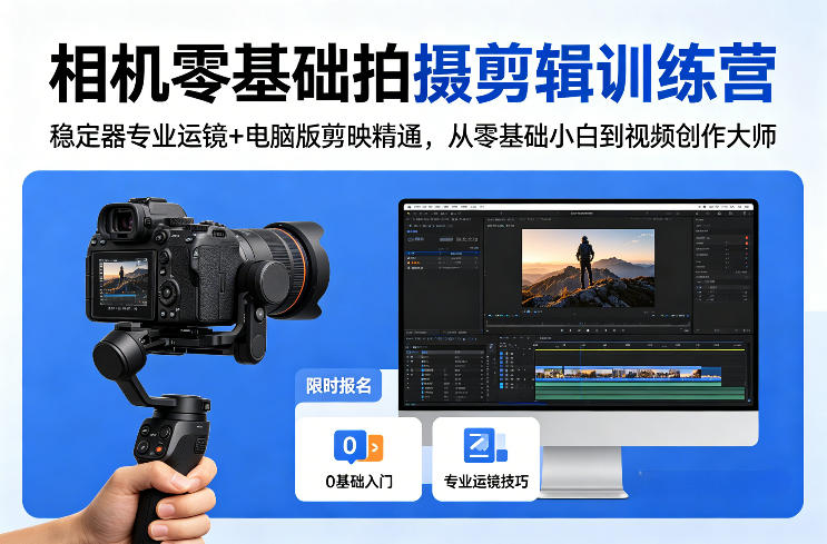 相机零基础拍摄剪辑训练营：稳定器专业运镜+电脑版剪映精通，从零基础小白到视频创作大师-仙女副业网