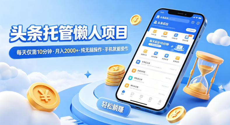 头条托管懒人项目，每天仅需10分钟，月入2000+，纯无脑操作，手机就能操作【揭秘】-仙女副业网