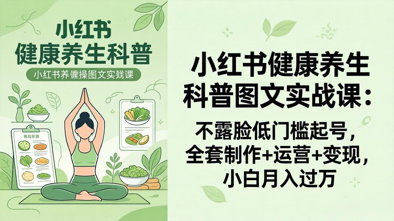 2026小红书健康养生科普图文实战课：不露脸低门槛起号，全套制作+运营+变现，小白月入过万-仙女副业网