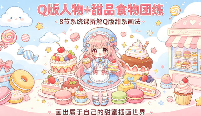 Q版人物+甜品食物团练，8节系统课拆解Q版甜系画法，画出属于自己的甜蜜插画世界-仙女副业网