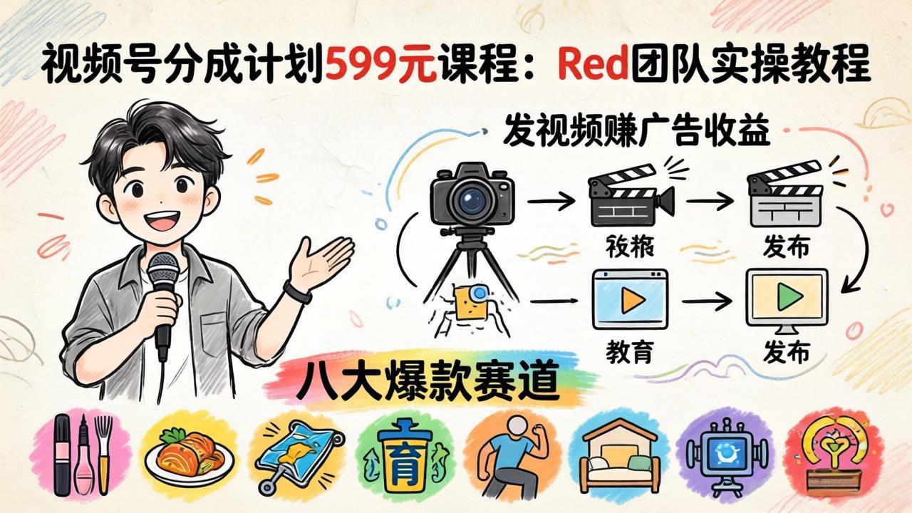 视频号分成计划599元课程：Red团队实操教程，发视频赚广告收益，八大爆款赛道全掌握-仙女副业网