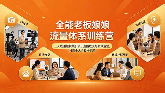 全能老板娘流量体系训练营，三天吃透短视频引流、直播成交与私域运营，打造个人IP轻松变现-仙女副业网