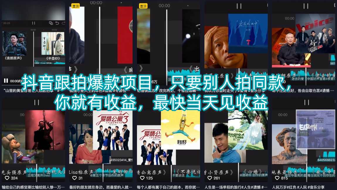 抖音跟拍爆款项目，只要别人拍同款，你就有收益，最快当天见收益-仙女副业网