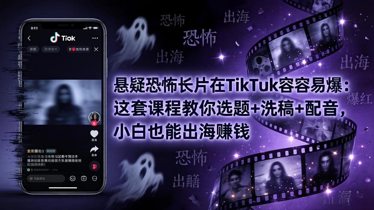 悬疑恐怖长片在TikTok最容易爆：这套课程教你选题+洗稿+配音，小白也能出海赚钱-仙女副业网