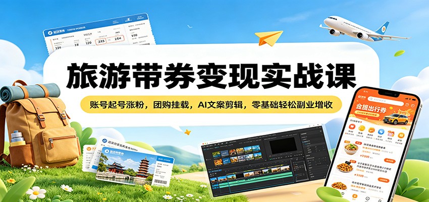 旅游带券变现实战课：账号起号涨粉，团购挂载，AI文案剪辑，零基础轻松副业增收-仙女副业网