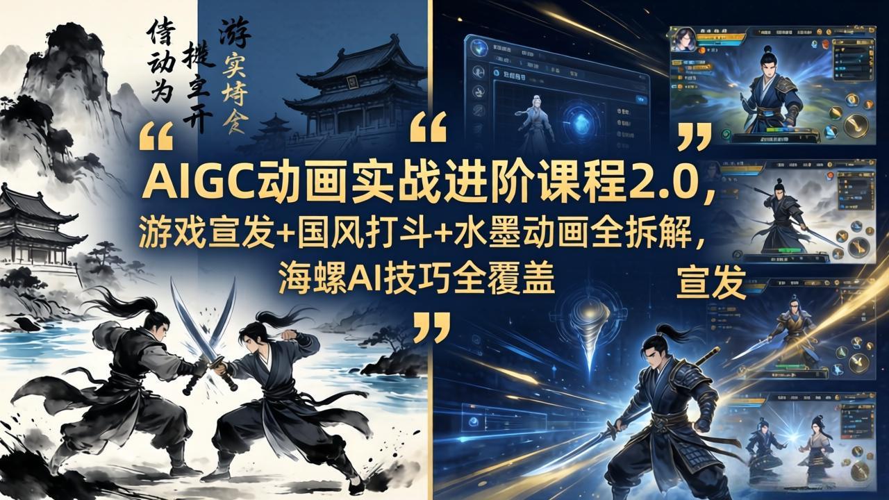 AIGC动画实战进阶课程2.0，游戏宣发+国风打斗+水墨动画全拆解，海螺AI技巧全覆盖-仙女副业网