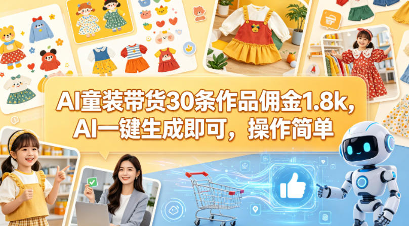 AI童装带货30条作品佣金1.8k，AI一键生成即可，操作简单-仙女副业网