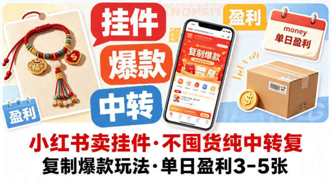小红书卖挂件，不囤货纯中转复制爆款玩法，单日盈利3-5张-仙女副业网