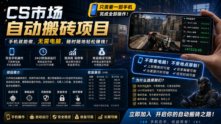 手机即可操作的CS市场自动搬砖系统｜自动监控｜自动下单|日入300+【揭秘】-仙女副业网