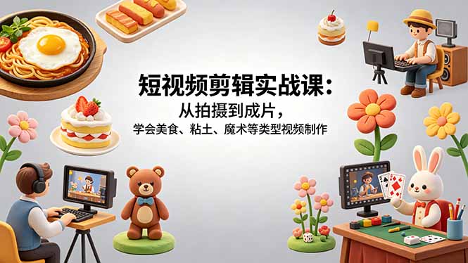 短视频剪辑实战课：从拍摄到成片，学会美食、粘土、魔术等类型视频制作-仙女副业网