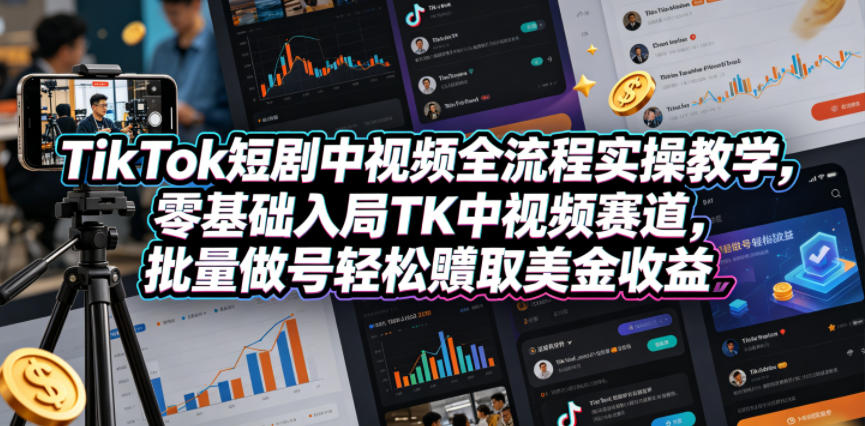 TikTok短剧中视频全流程实操教学，零基础入局TK中视频赛道，批量做号轻松賺取美金收益-仙女副业网