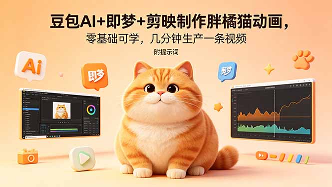豆包AI+即梦+剪映制作胖橘猫动画，零基础可学，几分钟生产一条视频，附提示词-仙女副业网