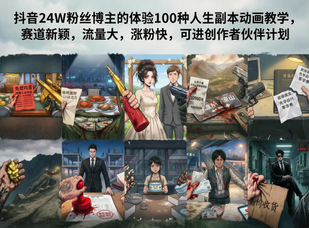 抖音24W粉丝博主的体验100种人生副本动画教学，赛道新颖，流量大，涨粉快，可进创作者伙伴计划-仙女副业网