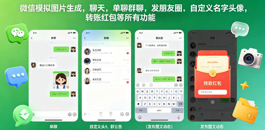 微信模拟图片生成，聊天，单聊群聊，发朋友圈，自定义名字头像，转账红包等所有功能都可以生成-仙女副业网