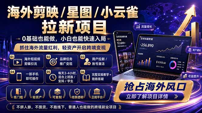 海外剪映 / 星图 / 小云雀拉新项目 普通人也能上手的跨境流量变现副业-仙女副业网