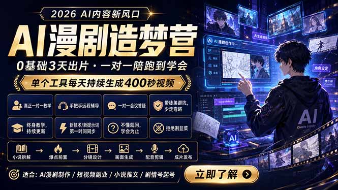 AI漫剧造梦营：0基础3天出片，单个工具每天持续生成400秒视频-仙女副业网