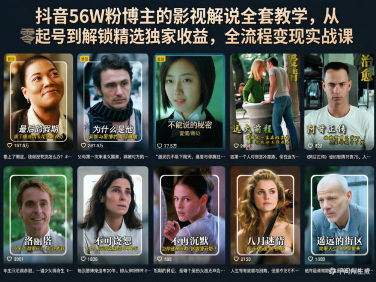 抖音56W粉博主的影视解说全套教学,从零起号到解锁精选独家收益,全流程变现实战课-仙女副业网