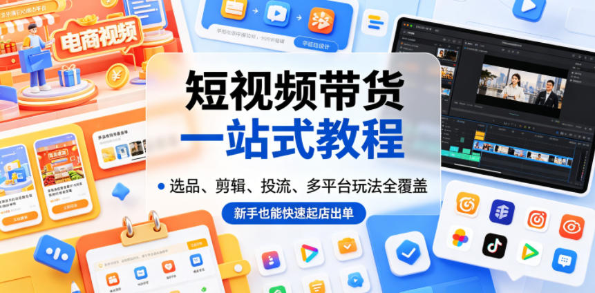 短视频带货一站式教程，选品、剪辑、投流、多平台玩法全覆盖，新手也能快速起店出单-仙女副业网