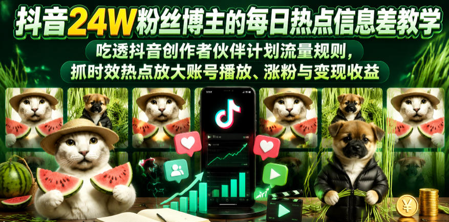 抖音24W粉丝博主的每日热点信息差教学，吃透创作者伙伴计划流量规则，抓时效热点放大账号播放、涨粉与变现收益-仙女副业网