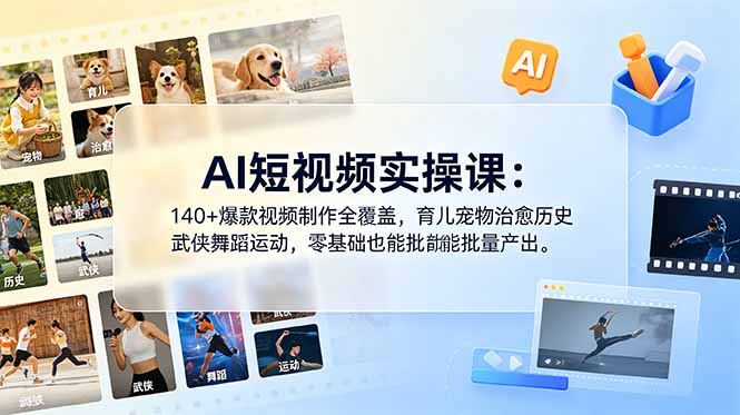 AI短视频实操课:140+爆款视频制作全覆盖,育儿宠物治愈历史武侠舞蹈运动,零基础也能批量产出-仙女副业网