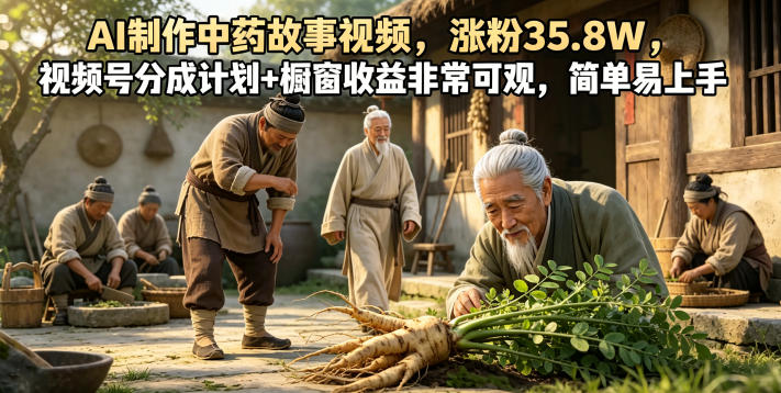 AI制作中药故事视频，涨粉35.8W，视频号分成计划+橱窗收益非常可观，简单易上手-仙女副业网