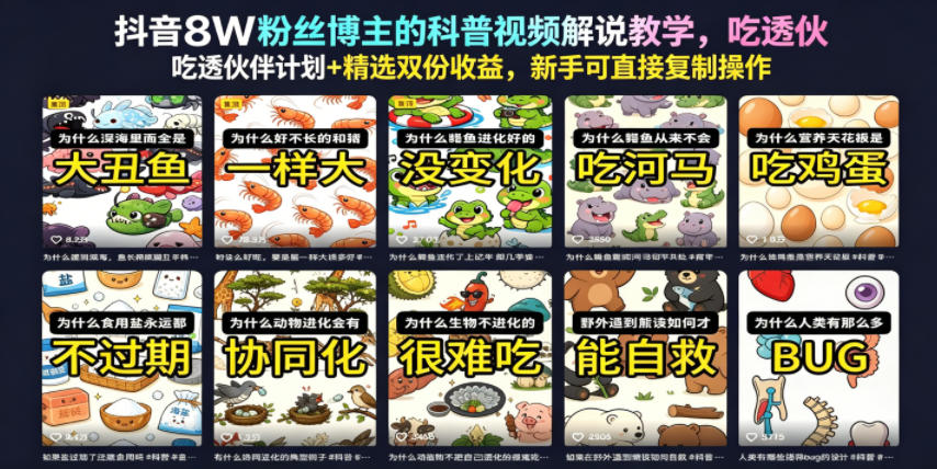 抖音8W粉丝博主的科普视频解说教学,吃透伙伴计划+精选双份收益,新手可直接复制操作-仙女副业网